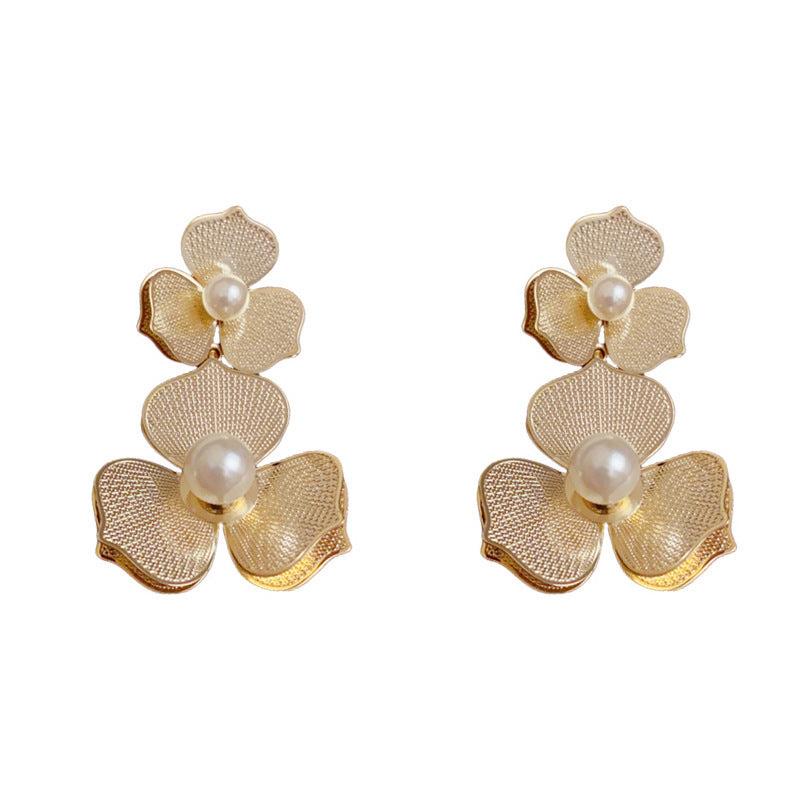 Luxury Metal Double-Layer Pearl & Flower Drop Earrings– Elegant Design