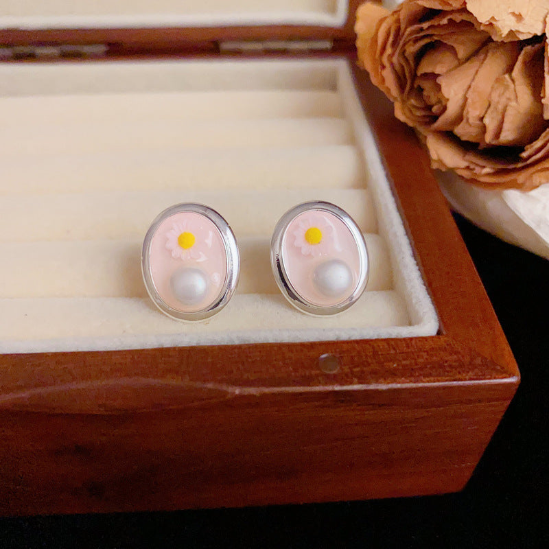 S925 Sliver Luxury Enamel Flower Oval Stud Earrings – Elegant Design