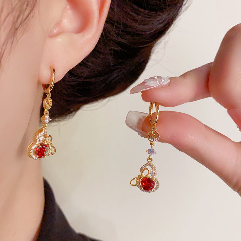 Elegant Zircon Gourd & Bow Tassel Earrings – Floral Design