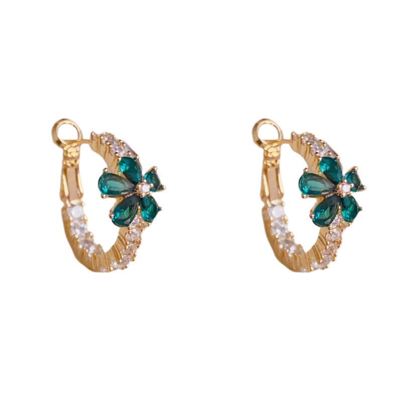 Luxury Full-Zircon Green Petal Hoop Gold Earrings – Floral Design