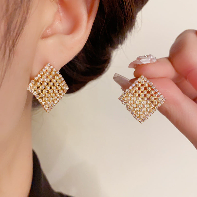 14K Gold-Plated Diamond Pearl Square Stud Earrings - Elegant & Chic