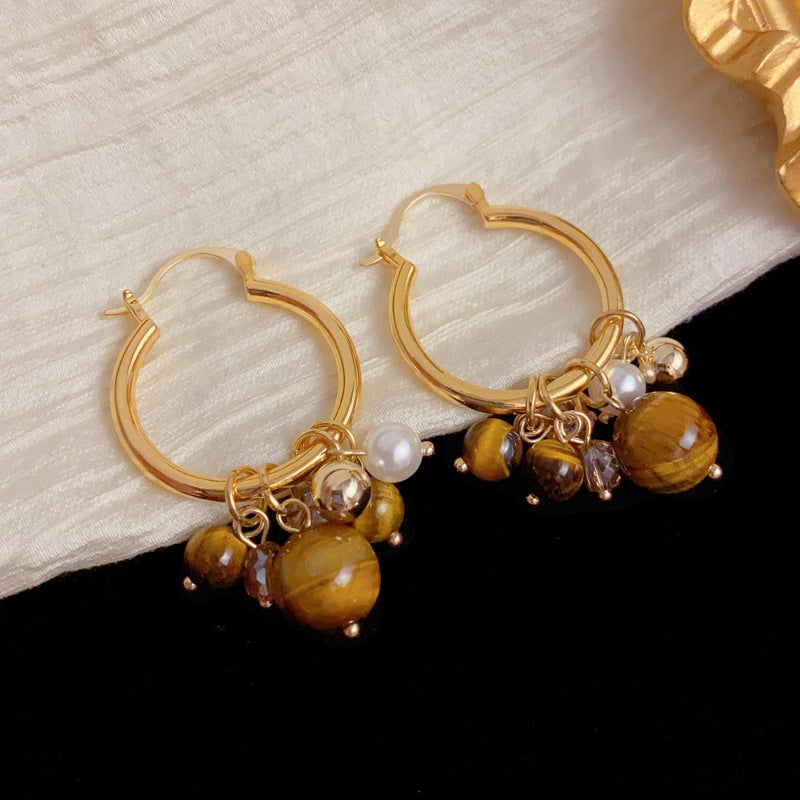 Elegant Tiger's Eye Bead Tassel Hoop Earrings – Geometric Design