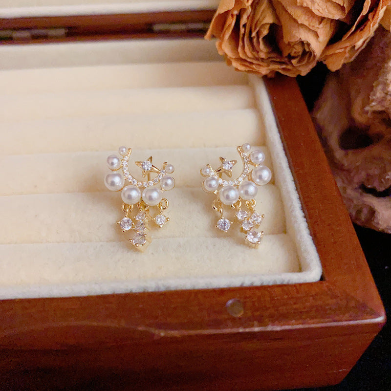 Luxury Zircon Star-Shaped & Pearl Tassel Drop Earrings– Elegant Design
