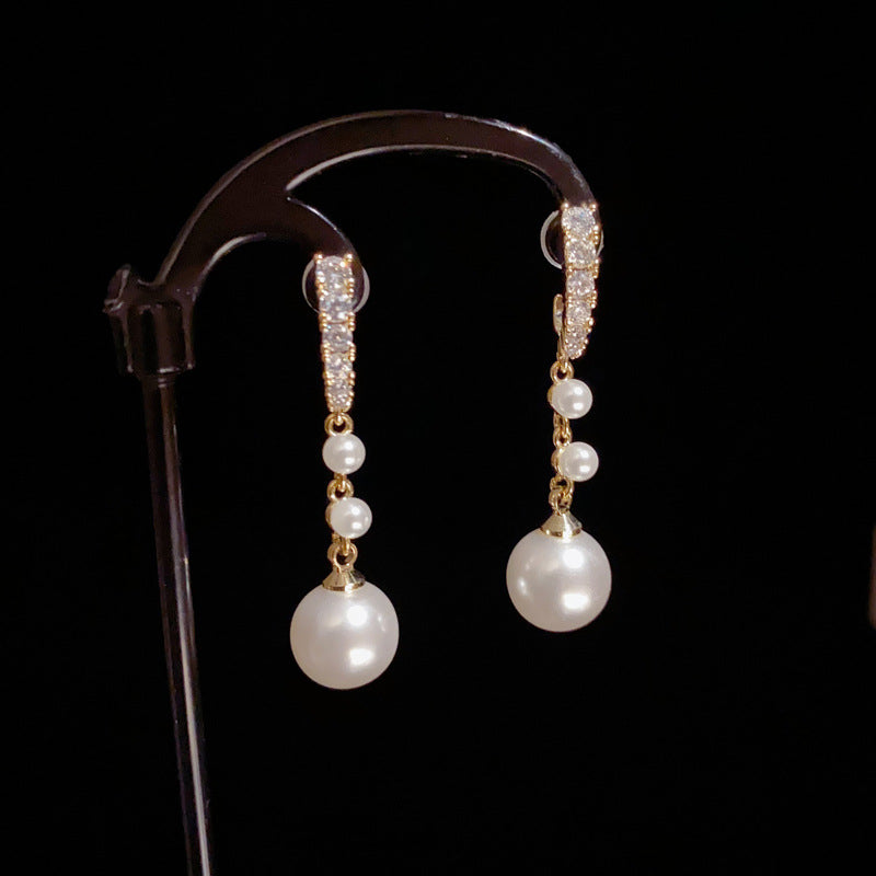 14K Gold-Plated Zircon C-Shaped Pearl Drop Earrings - Chic & Elegant