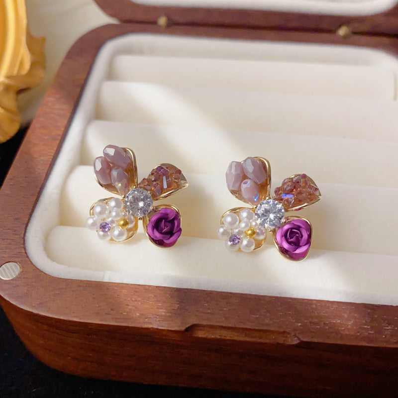 Elegant Crystal Pearl Rose Petal Stud Earrings – Floral Design
