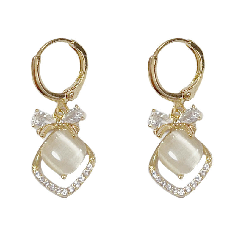 14K Gold Butterfly Bow Cat’s Eye Diamond Hoop Earrings– Elegant Design