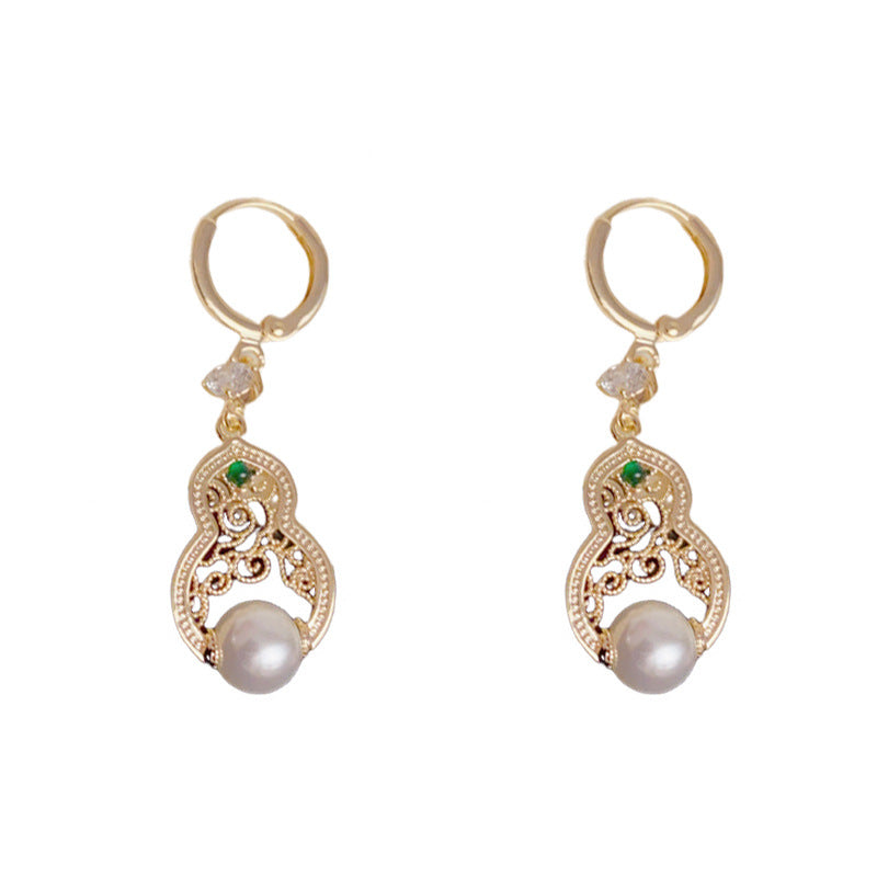 Elegant Openwork Gourd & Pearl Ear Cuff Earrings – Floral Design