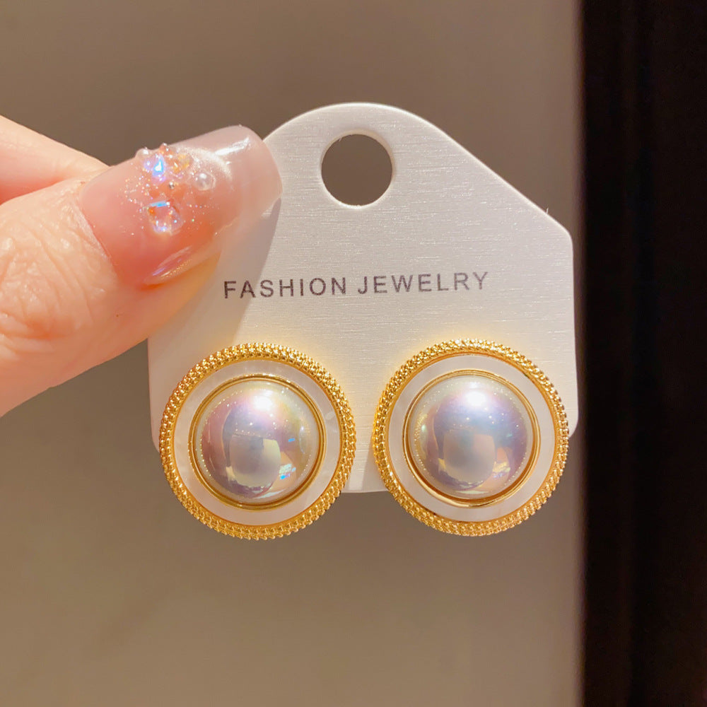 Eaioncol Iridescent Pearl Circle Stud Earrings Grey Purple