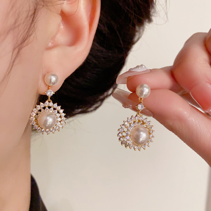 14K Gold Zircon Pearl Sunflower Drop Earrings - Chic Elegance Design