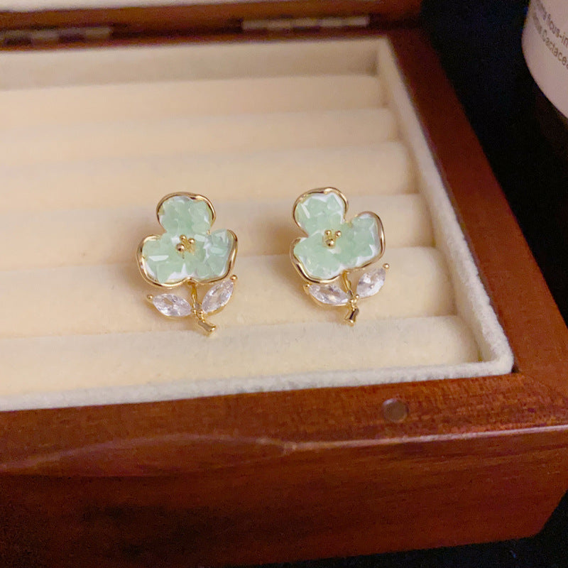 14K Gold-Plated Green & Purple Floral Stud Earrings – Elegant Design