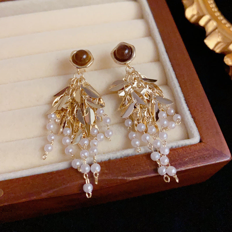 Elegant Tiger's Eye Leaf & Pearl Tassel Earrings – Floral Design