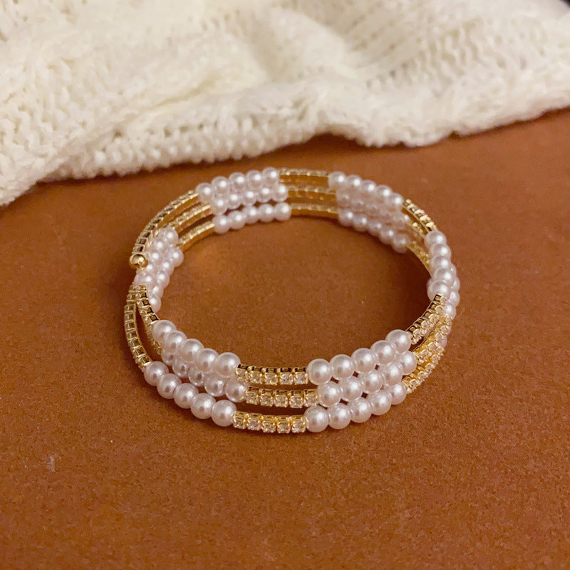 14K Gold-Plated Pearl Elastic Layered Bracelet – Chic Luxury Style
