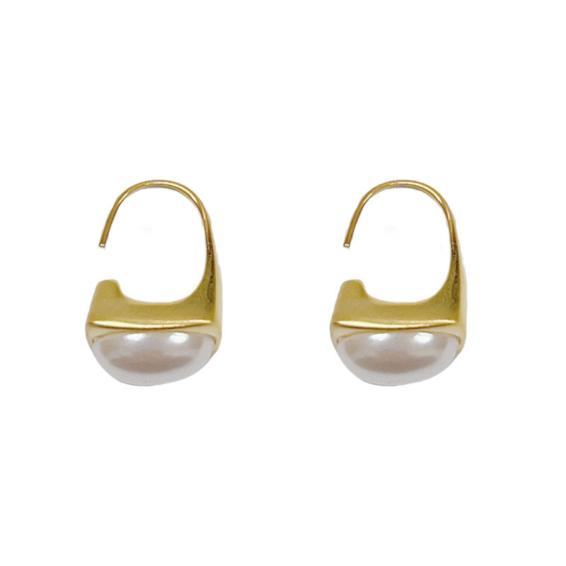 14K Gold-Plated Brushed Metal Handbag Pearl Hook Earrings- Chic Design