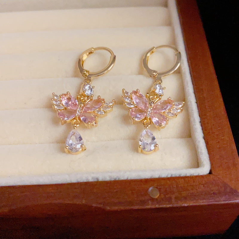 14K Gold-Plated Pink Butterfly Drop Earrings – Sparkling Design