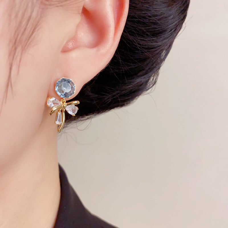 Elegant Crystal Zircon Butterfly Bow Earrings – French Retro Design