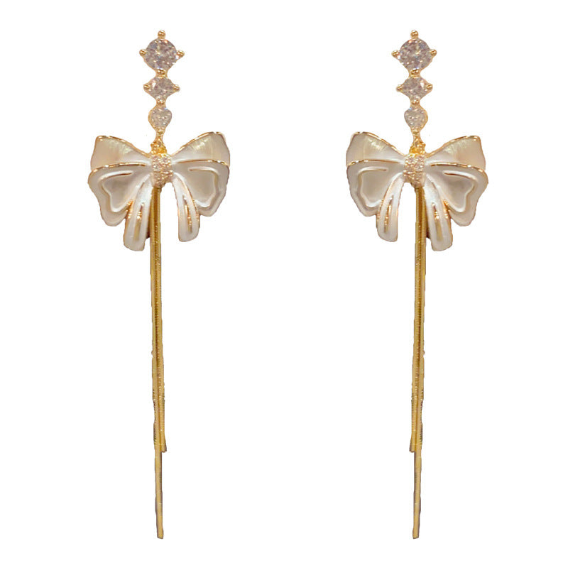 14K Gold-Plated White Bow Long Tassel Earrings–Elegant Feminine Design