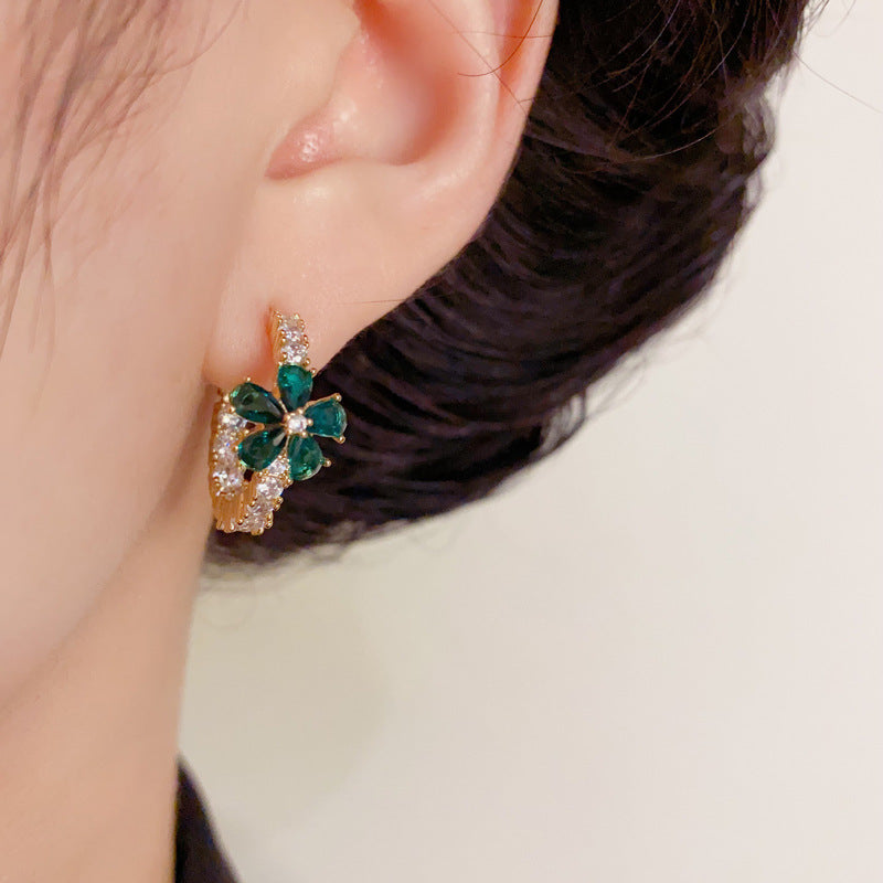 Luxury Full-Zircon Green Petal Hoop Gold Earrings – Floral Design