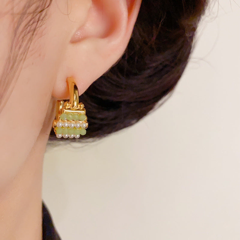 14K Gold Green Bead & Pearl C-Shaped Hoop Earrings – Statement Jewelry