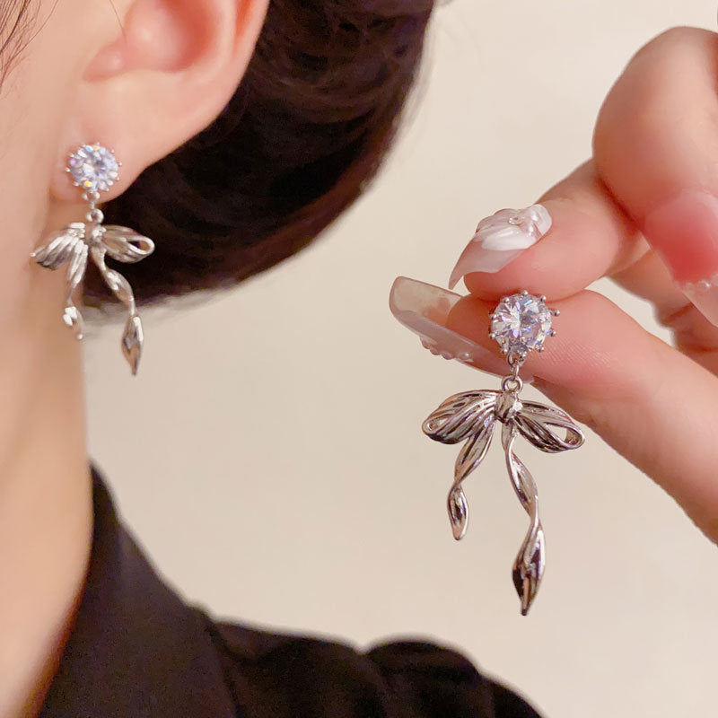Luxury Zircon Metal Bow Drop Earrings – Elegant Design