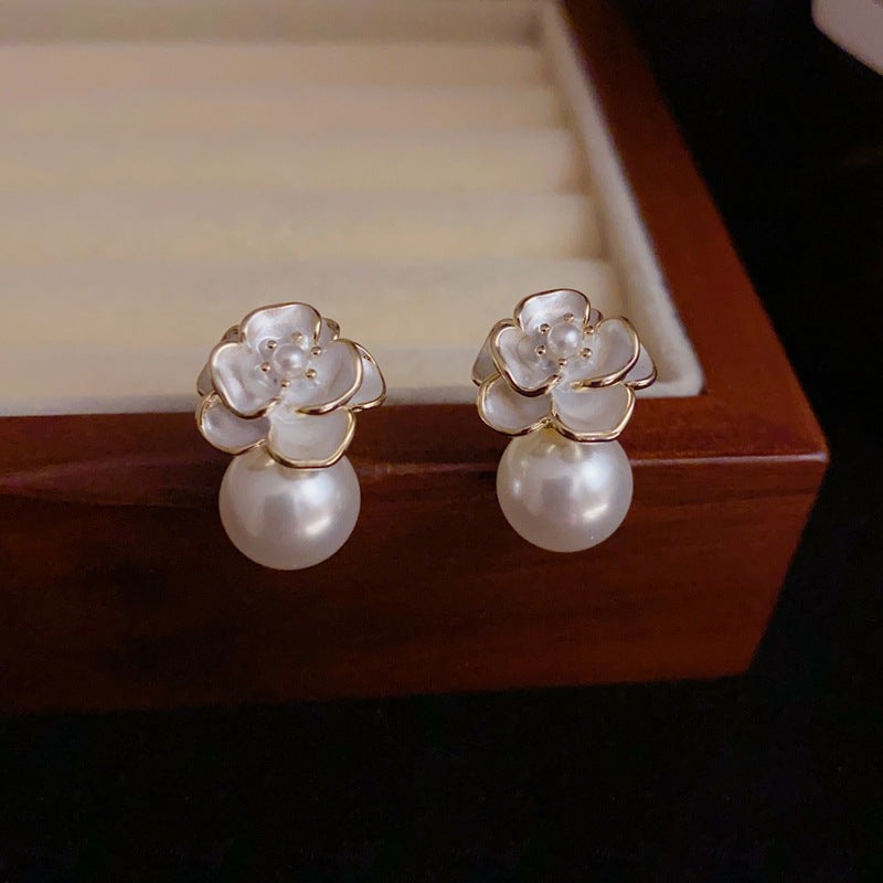 14K Gold-Plated Camellia Pearl Stud Earrings – Korean Minimalist Style