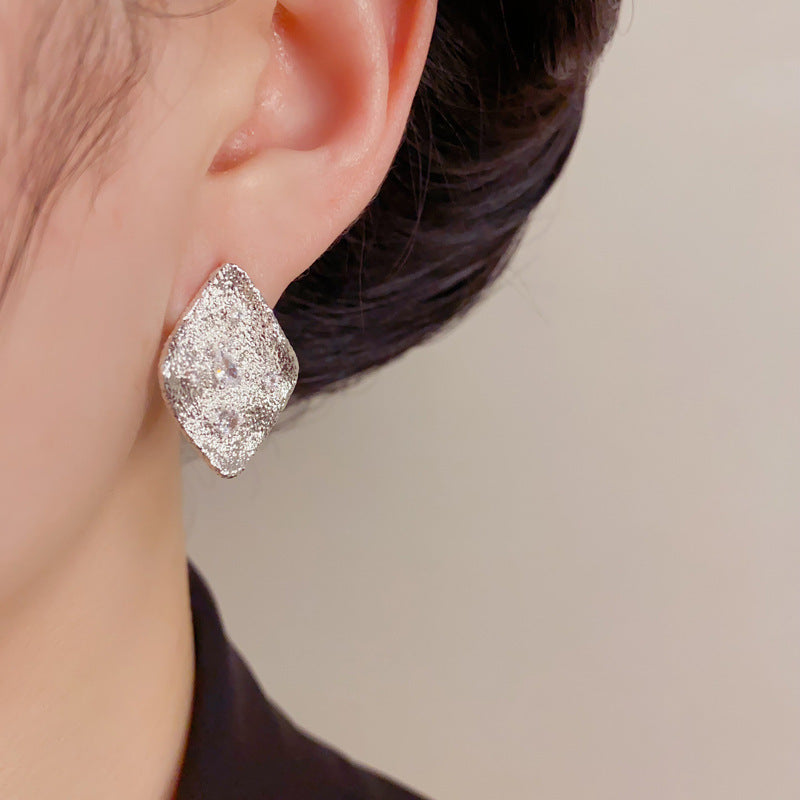 Gold Rhombus Earrings – Geometric Zircon Studs for Women