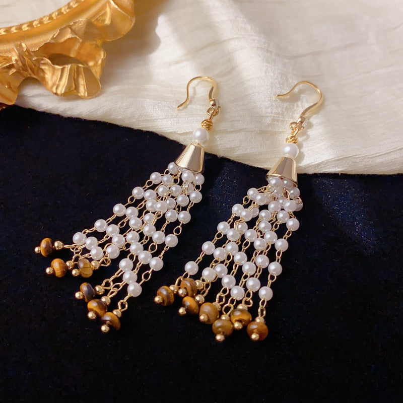 Luxury Geometric Pearl Long Tassel Earrings – Elegant Design