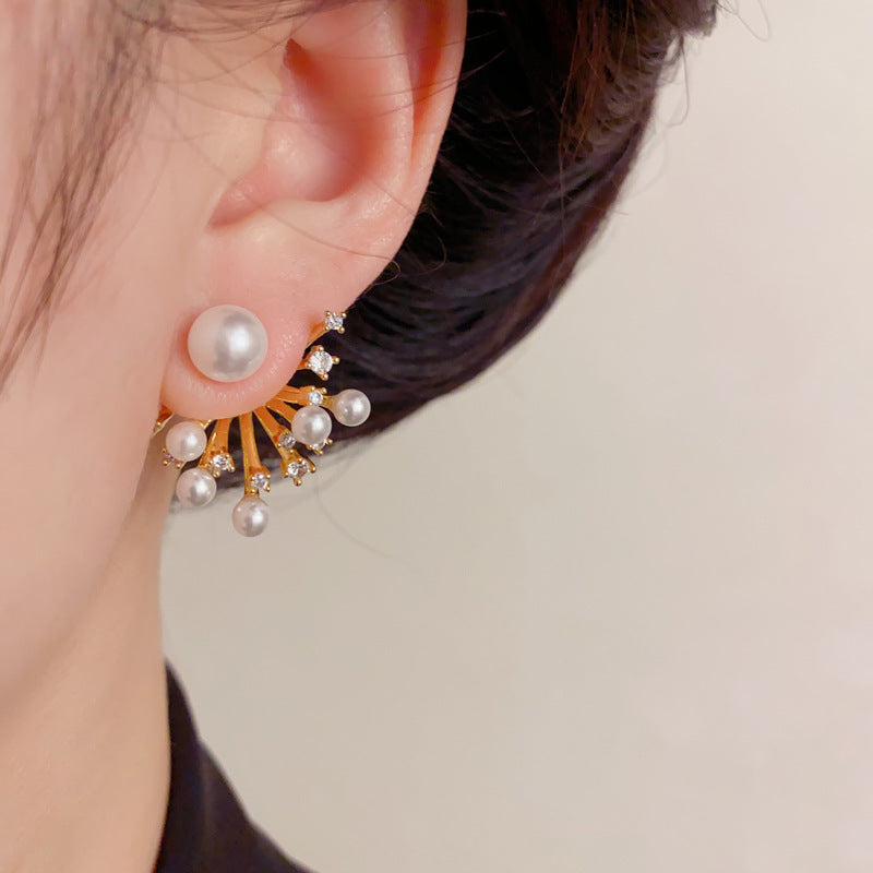 Elegant Pearl Fireworks Rear-Hang Drop Earrings – Retro Sparkle Design
