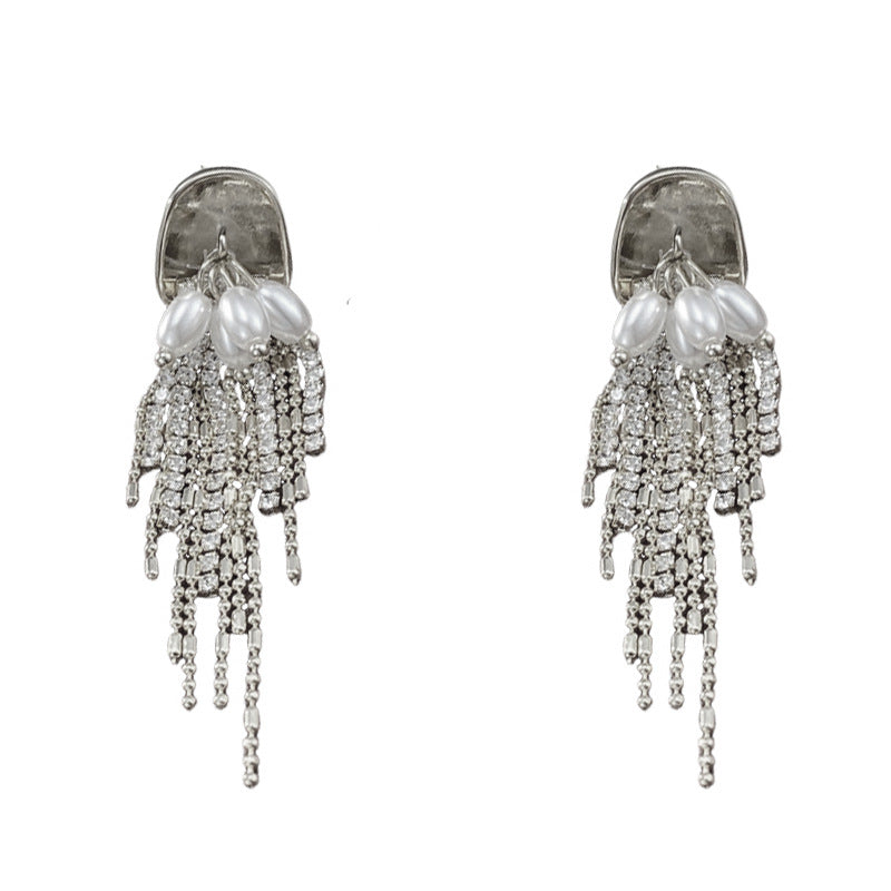Luxury Metal Pearl Full-Zircon Tassel Drop Earrings – Elegant Design