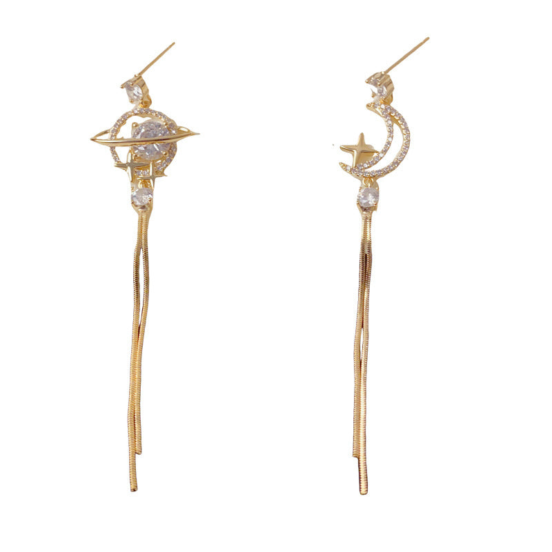 Luxury Zircon Planet & Moon Asymmetric Drop Earrings – Elegant Design
