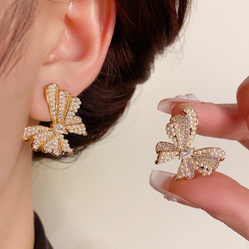 14K Gold-Plated Pearl Butterfly Earrings - Elegant Animal Design