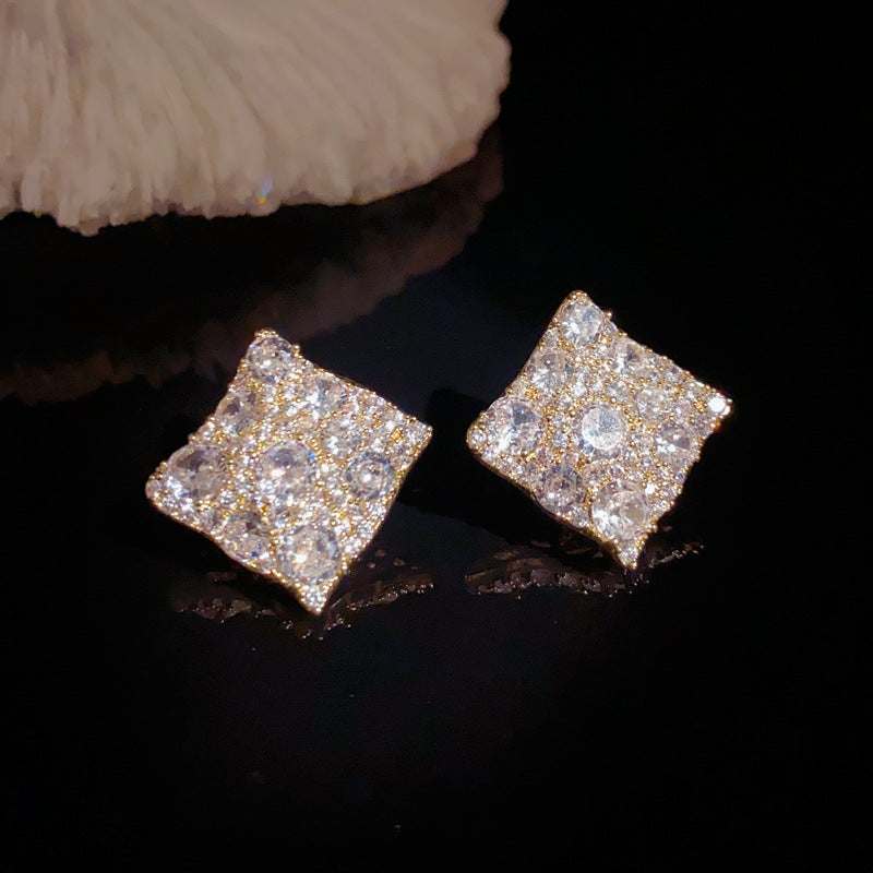14K Gold Full Zircon Rhombus Stud Earrings- Chic Elegance Design