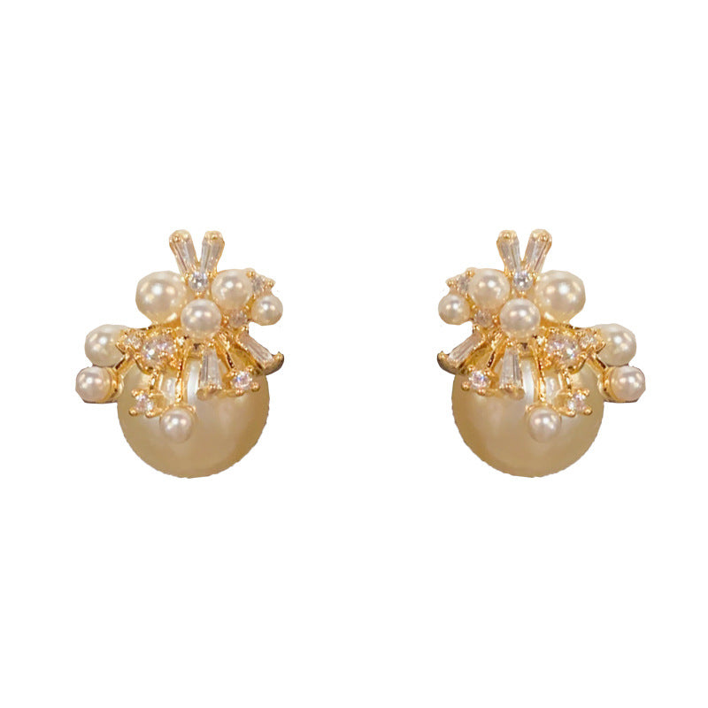 Elegant Zircon Pearl Petal Stud Earrings – French Floral Design