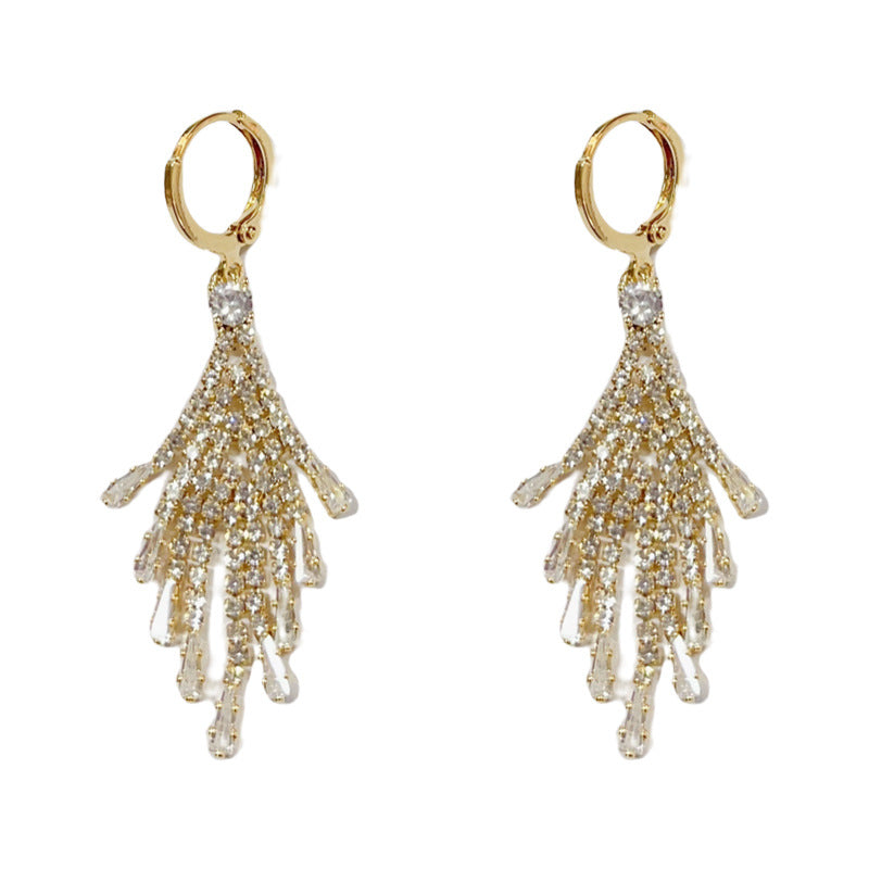 14K Gold-Plated Full Zircon Tassel Earrings- Elegant Statement