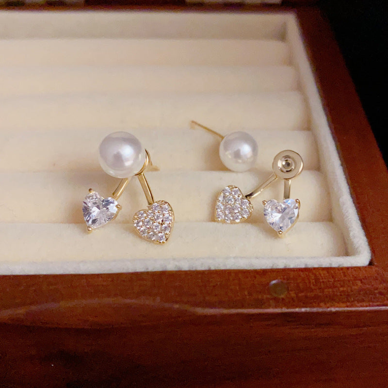 14K Gold-Plated Zircon Pearl Heart Stud Earrings - Elegant Chic Design