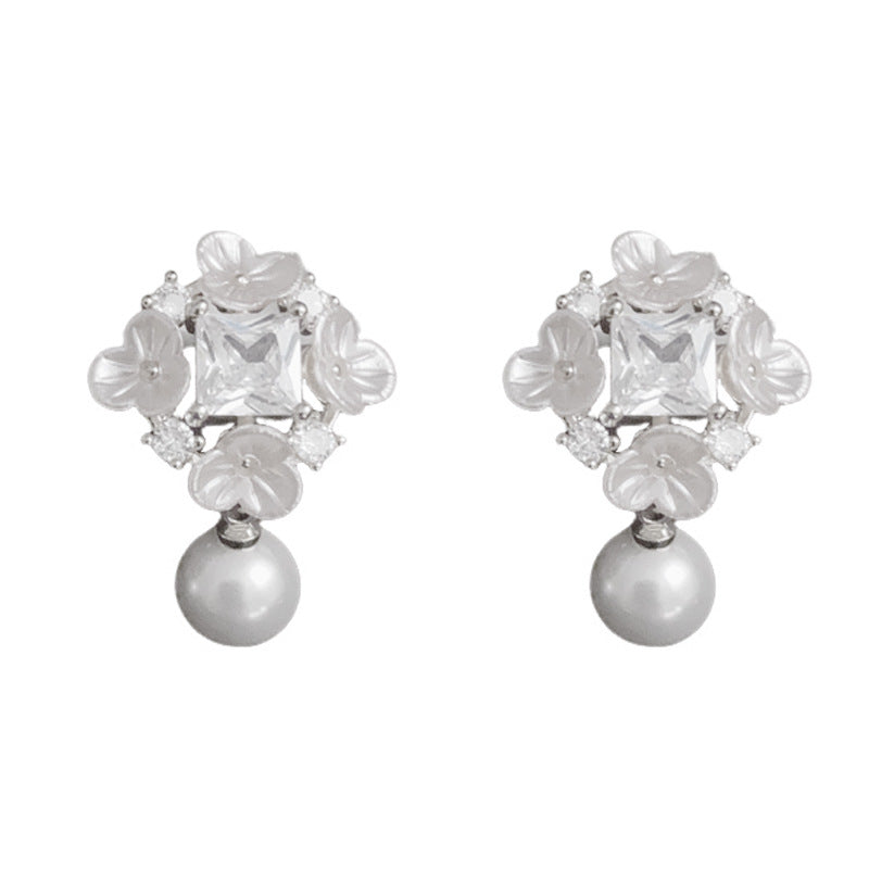 Minimalist Petal Zircon & Pearl Drop Earrings – Elegant Floral Design