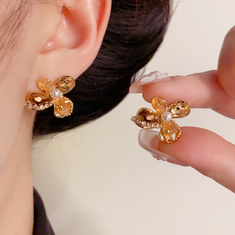 14K Gold-Plated Handmade Crystal Petal Earrings– Elegant Vintage Style