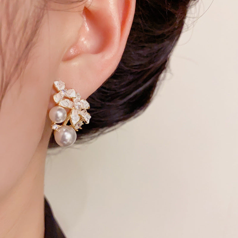 14K Gold-Plated Zircon Flower Pearl Stud Earrings – Elegant Design