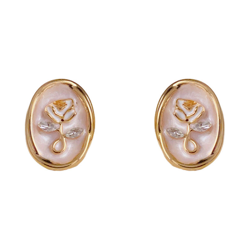 14K Gold-Plated Rose Oval Enamel Stud Earrings – Vintage Chic Design
