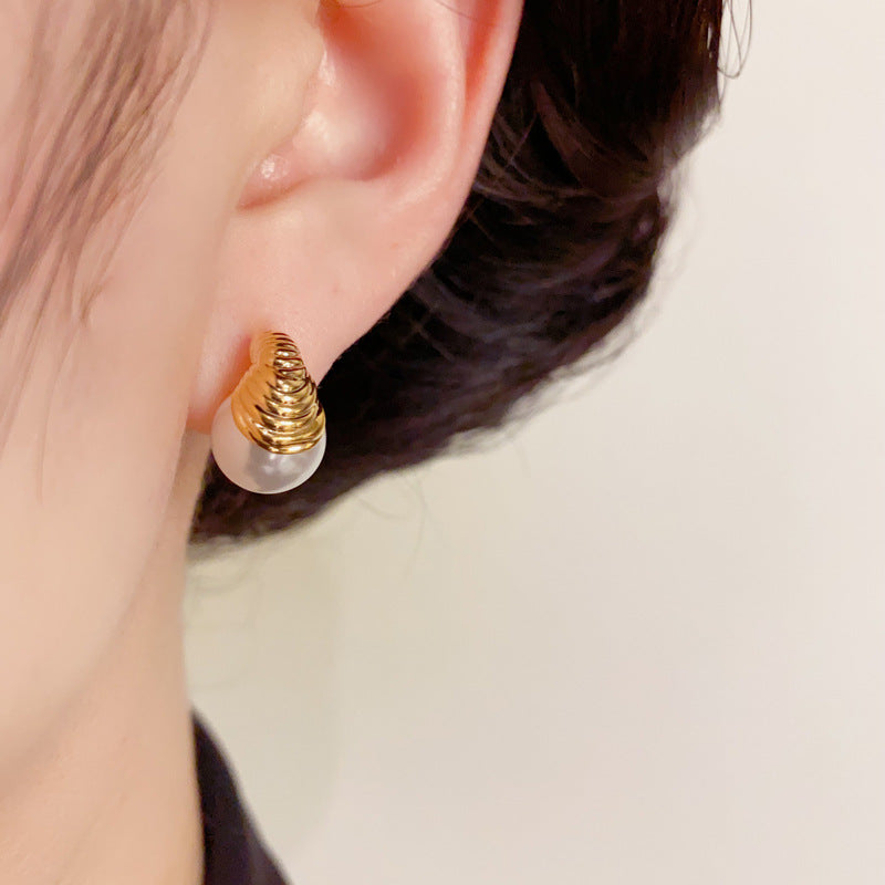 14K Gold-Plated Metal Pearl Stud Earrings – Elegant Minimalist Design