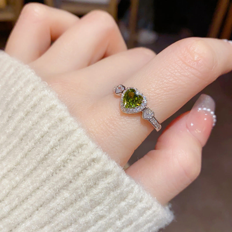 14K Gold-Plated Zircon Green Heart Open Ring - Chic and Unique Design