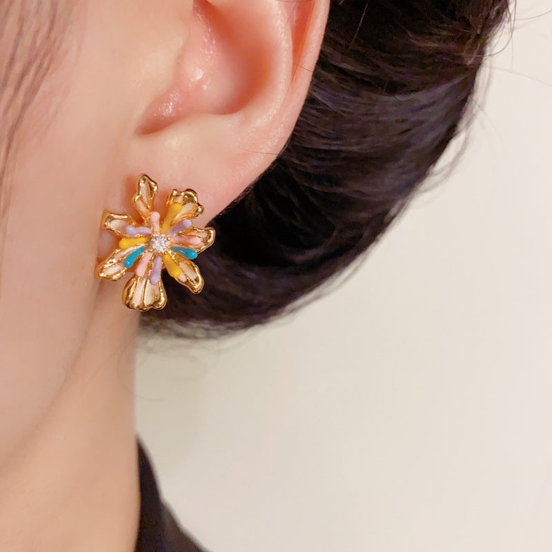 Elegant Colorful Enamel 18K Gold Firework Stud Earrings– Floral Design