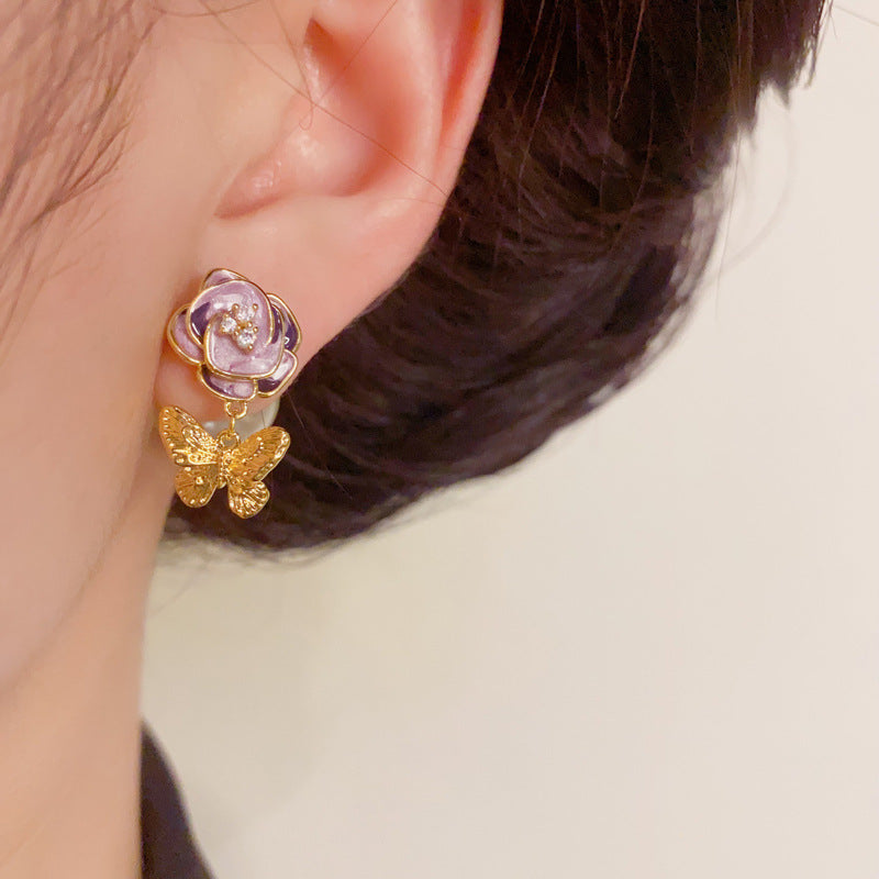 Sweet Flower & Butterfly Tassel Pearl Earrings – S925 Silver Needle