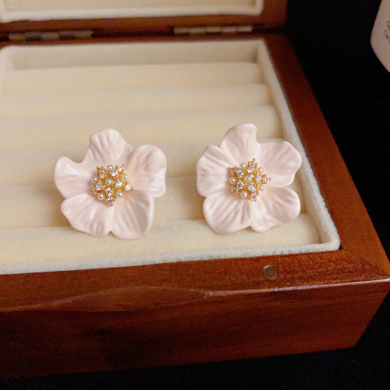 14K Gold Sweet Pink Camellia Zircon Stud Earrings – Elegant Design