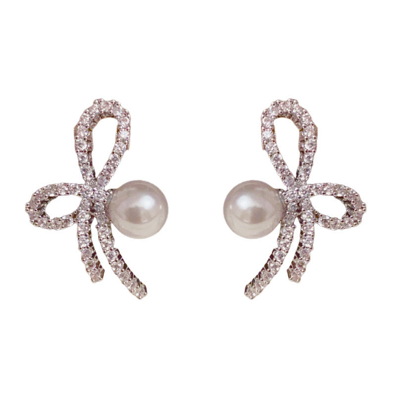 14K Gold Luxury Zircon Bow & Pearl Stud Earrings – S925 Silver Needle