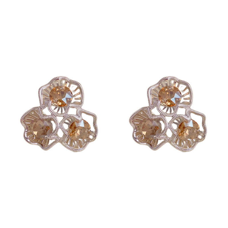 Elegant Silver Openwork Crystal Petal Earrings – Floral Design