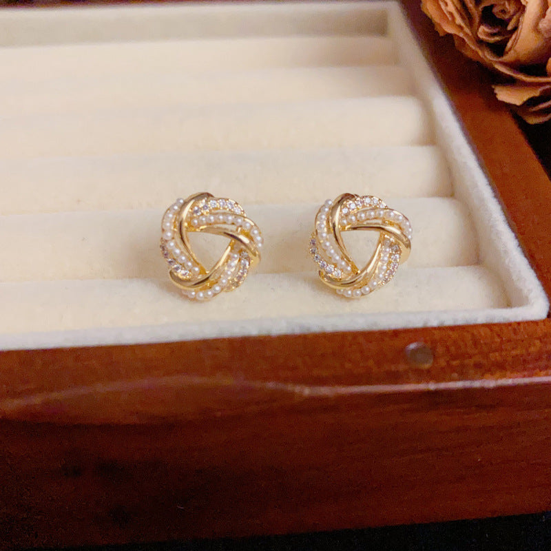 14K Gold Zircon & Pearl Wrapped Triangle Earrings – Geometric Design