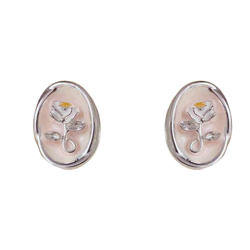 14K Gold-Plated Rose Oval Enamel Stud Earrings – Vintage Chic Design