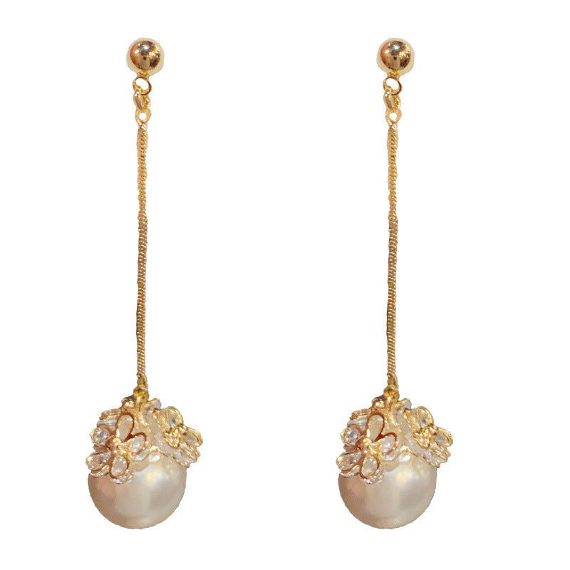 14K Gold-Plated Zircon Flower Pearl Tassel Earrings – Elegant Design