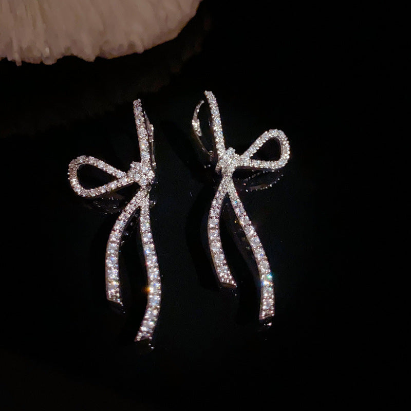 14K Gold-Plated Full-Diamond Bow Long Drop Earrings - Elegant Design