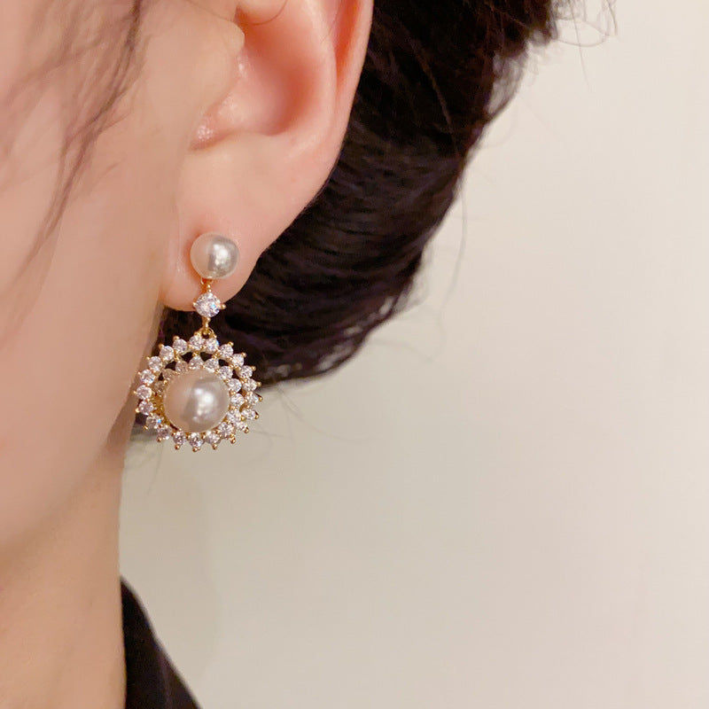 14K Gold Zircon Pearl Sunflower Drop Earrings - Chic Elegance Design